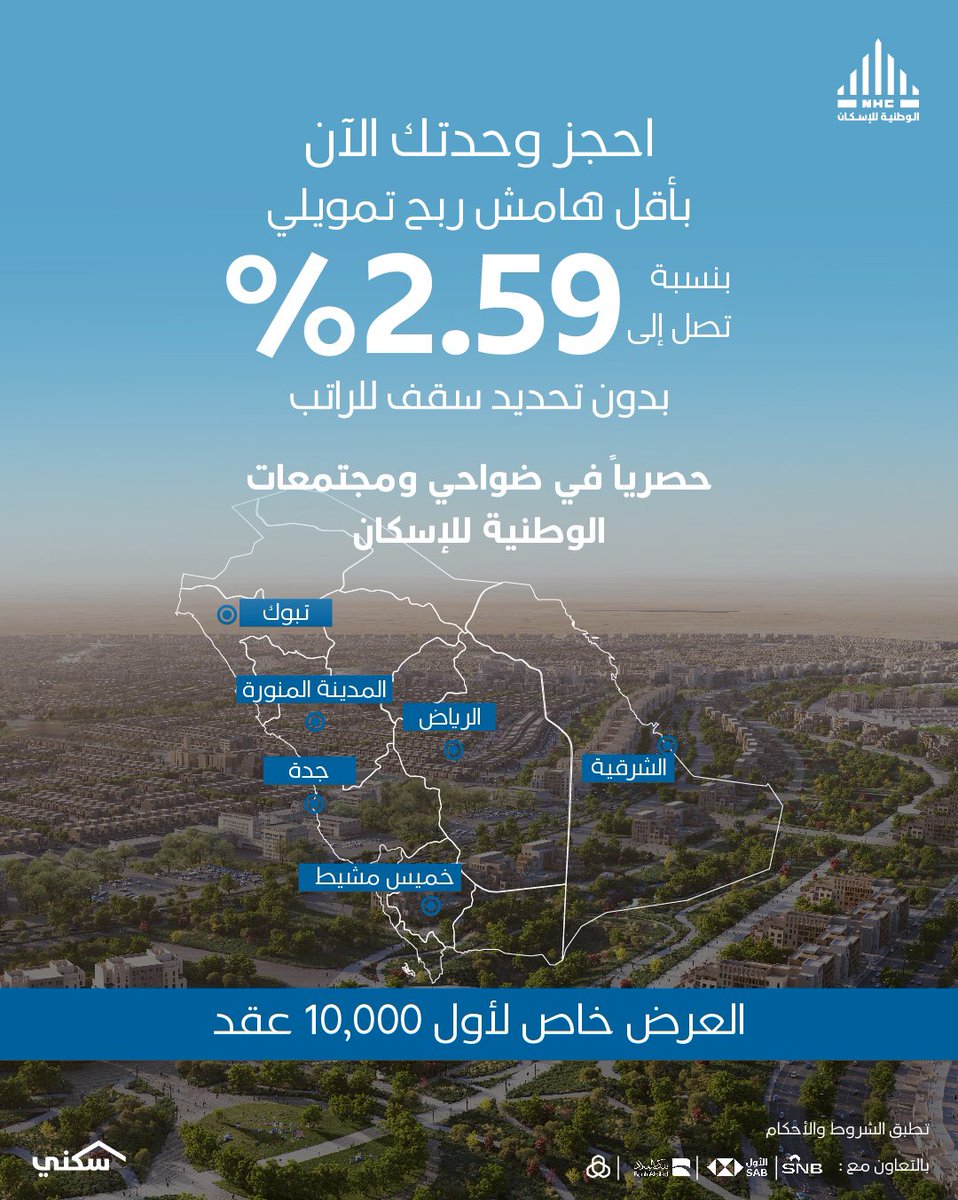 نواصل جهودنا في بناء ضواحي ومجتمعات عمرانية تكون مصدر فخر للأسرة والفرد.. 
واليوم نعلن عن تطبيق التمويل العقاري المخفض بنسبة 2.59% في ضواحينا بدون تحديد سقف رواتب بالتعاون مع 4 بنوك محلية.​

العرض حصري لأول 10 آلاف عقد بيع على الخارطة.. بادر بالحجز: ​
 sakani.sa/mega-projects