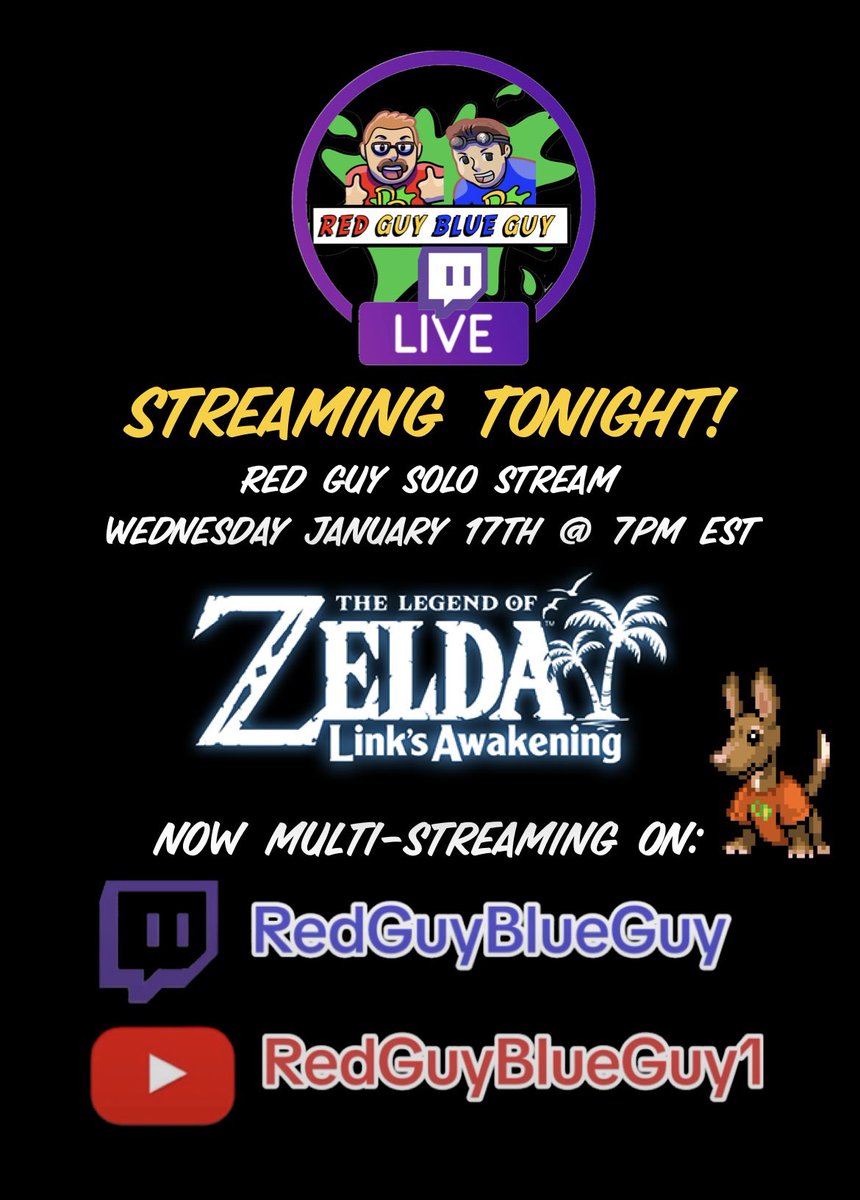 RedGuyBlueGuy1's tweet photo. Tonight! RG Solo Stream 7PM EST.
Continuing:
The Legend of Zelda : Link's Awakening (Switch)
Multi-Streaming
#Twitch
https://t.co/2QTZTo9eXe
#YouTube
https://t.co/G8sGJiDckf
See Y’all in the Chat!
#redguyblueguy #thelegendofzelda #nintendoswitch #streaming https://t.co/dzx17KIqmr