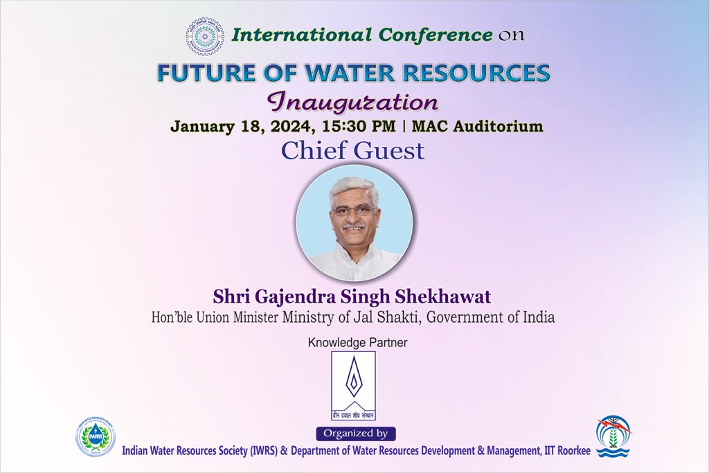 Shri Gajendra Singh Shekhawat, Hon'ble Union Minister, Ministry of Jalshakti, GOI will address the Inaugural Session of International Conference on Future of Water Resources jointly organized by IWRS and Dept. of WRD&amp;M. Celebrating 45 years of IWRS
<a href="/gssjodhpur/">Gajendra Singh Shekhawat</a> 
#ICFWR2024  #IWRS