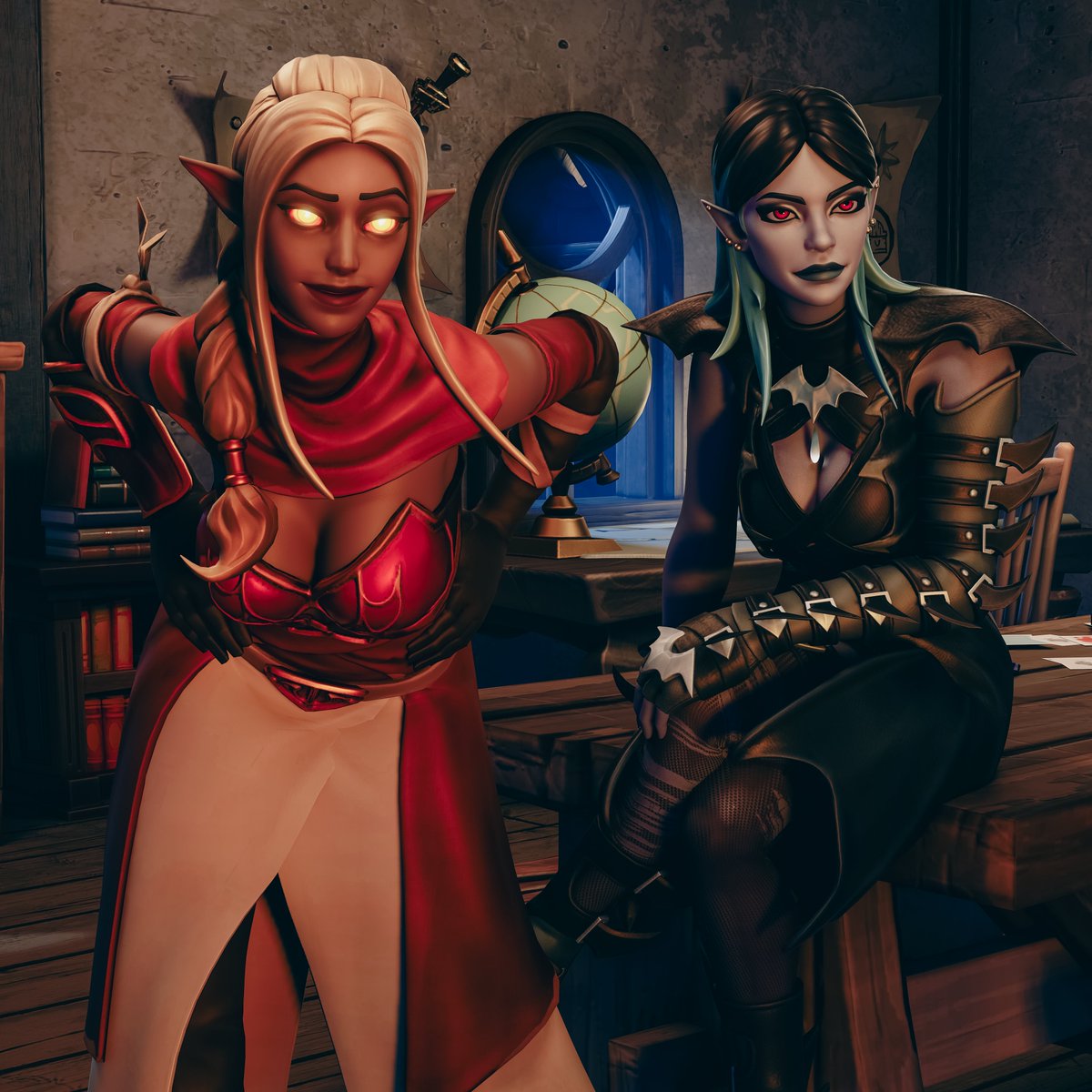 Ember and Shimmerdusk prepare to give someone a traditional elven greeting.