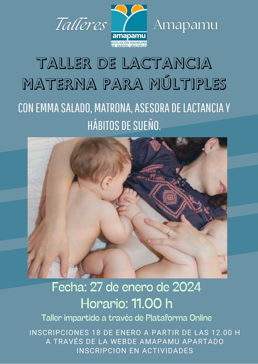 Comenzamos con nuestro primer taller del año
en este caso sobre lactancia
Tienes toda la información en nuestra web
#amapamu #gemelos #trillizos #mellizos #partosmultiples

amapamu.es/index.php/acti…