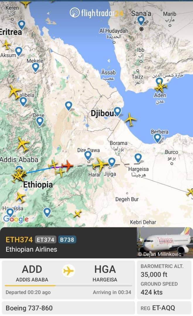 GeeskaNews's tweet photo. The second flight of ET374 @flyethiopian will  land 20 minutes later from the capital City of Somaliland, Hargeisa. https://t.co/qedPOr3J94