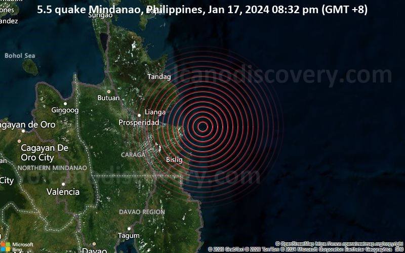 soundarc2001's tweet photo. Mag. 5.6 earthquake - Philippine Sea, 42 km northeast of Bislig City, Philippines, on Wednesday, Jan 17, 2024, at 08:32 pm (Manila time).

#Earthquake #Philippines #Bislig #BisligCity #Caraga #Hinatuan #Tagbina #Barobo #Lianga #Lingig #SanFrancisco https://t.co/YtaUi25Lli