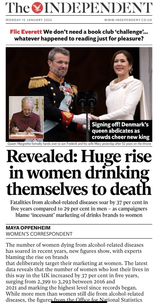 Revealed: Huge rise in women drinking themselves to death Expert warns ‘incessant marketing of drinks towards women’ has helped fuel a surge in alcohol-related deaths independent.co.uk/news/uk/home-n…