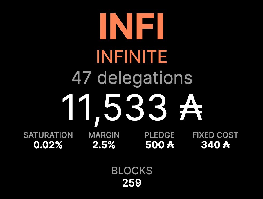 NOODZ 🍜 (@cardanonoodz) on Twitter photo WELCOME to the 47th delegator of <a href="/inFiPool/">inFi ∞ RETIRING SOON™️ Move Delegation</a>!
We took a *massive* hit after CF delegation left, and are working back strong 🦾♾
Glad to be cooking for 2 years 🗓️
Glad to be a $STRCH Pool 🥔
Glad to help with blockchain education 🎓
STOKED for 2024! #LFG #INFINITE WELCOME to the 47th delegator of <a href="/inFiPool/">inFi ∞ RETIRING SOON™️ Move Delegation</a>!
We took a *massive* hit after CF delegation left, and are working back strong 🦾♾
Glad to be cooking for 2 years 🗓️
Glad to be a $STRCH Pool 🥔
Glad to help with blockchain education 🎓
STOKED for 2024! #LFG #INFINITE