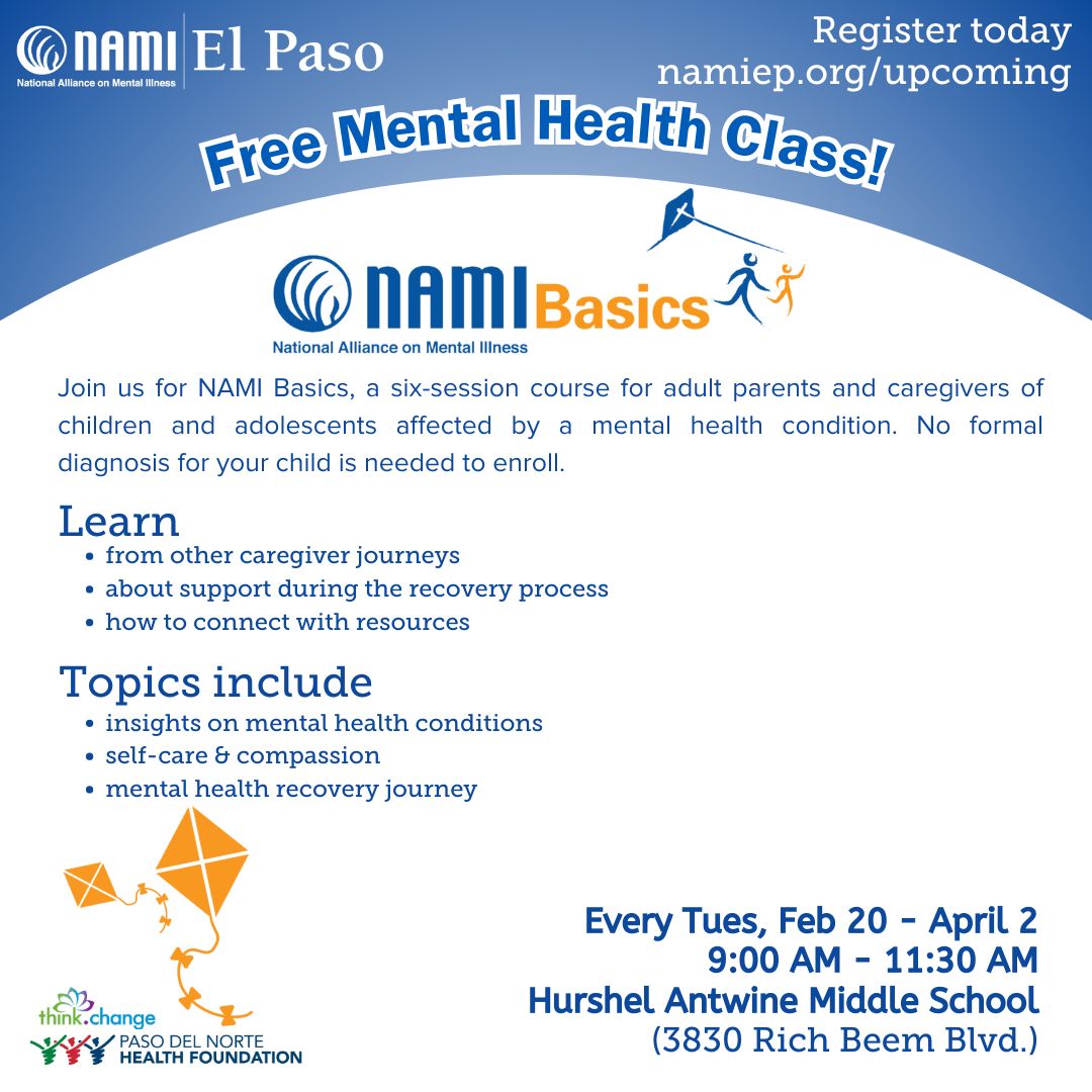 📚 NAMI Basics is a FREE 6-session class is for adults with children with mental health concerns who want to gain mental health education! 💚 Special thanks to @pdncfoundation for helping us bring mental health awareness to the borderland! 📲 namiep.org/upcoming