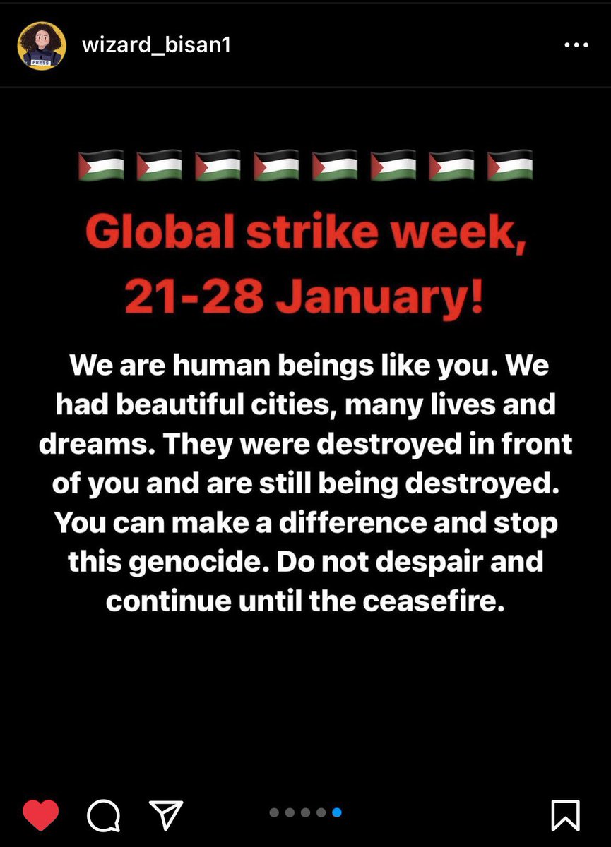 The strike is from January 21 to January 28. It is a whole week long, please pressure and demand for the end of the occupation and end of the continuous military invasion and aerial bombardment. If you need to work and buy stuff (that aren’t luxury item) to survive, please do. ‼️