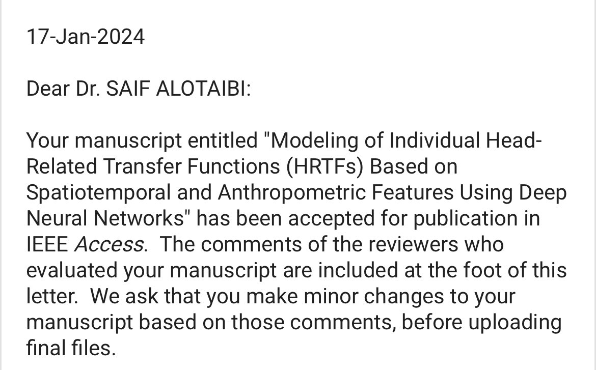 SaifAljabri1's tweet photo. الحمدلله الذي بنعمته تتم الصالحات
تم قبول ورقتي العلمية في مجلة IEEE access ذو معامل تأثير IF الذي يصل إلى 4.1 و ذو تصنيف Q1. الورقة الجديدة في مجال الهندسة الكهربائية -تخصص الإشارات السمعية و باستخدام الذكاء الاصطناعي في المجال الطبي وهي من أبحاث مرحلة الدكتوراة. https://t.co/qL5OcfsThG