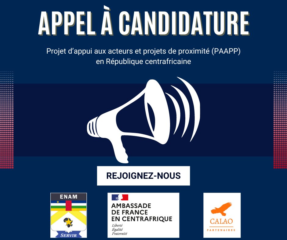 📣🇨🇫 Vous êtes dynamique et engagé ? Ne ratez pas cette opportunité de devenir un moteur du changement en République Centrafricaine. Inscrivez-vous au PAAPP - Édition 2024 et contribuez au renforcement de la société civile: cf.ambafrance.org/Appel-a-candid…
