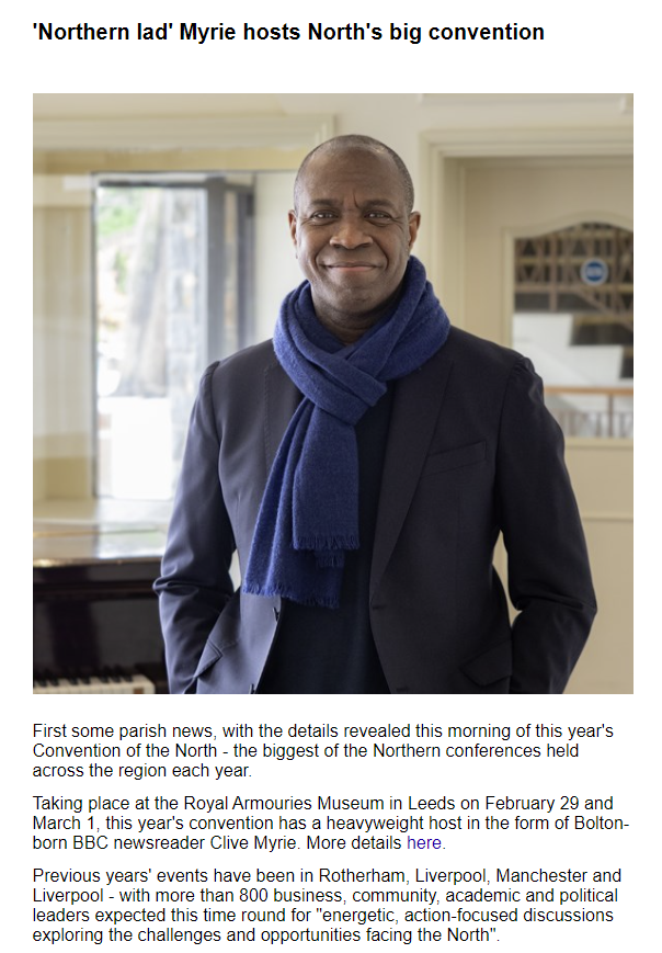RobParsonsNorth's tweet photo. A date in the diary for Northern politics types - this year's Convention of the North is in Leeds hosted by the fantastic @CliveMyrieBBC

Rishi Sunak and Keir Starmer have both been invited - will either turn up?

More in today's Northern Agenda newsletter https://t.co/RAd7MCL2KW https://t.co/iPZ30HTMkt
