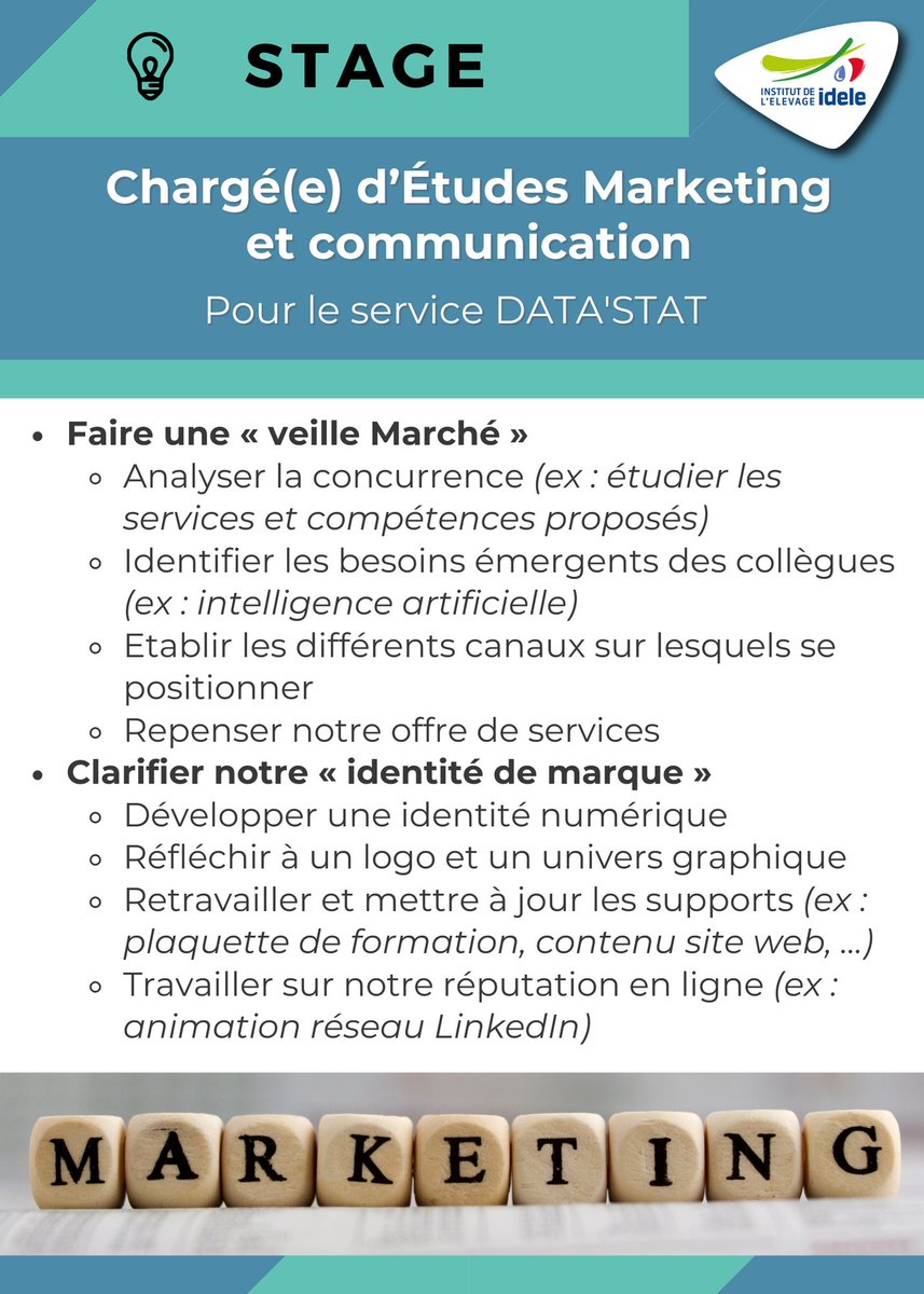 InstitutElevage's tweet photo. Offre de #stage | Chargé(e) d’études Marketing et Communication
↪ Service @DataDatastat
👉 Faire une « veille Marché » et définir une stratégie d’acquisition client
👉 Clarifier l'« identité de marque » de Data'Stat
🟢 Paris MNE
+ d'info : https://t.co/5O1qE20puk
#offredestage https://t.co/5E7F2L62mi