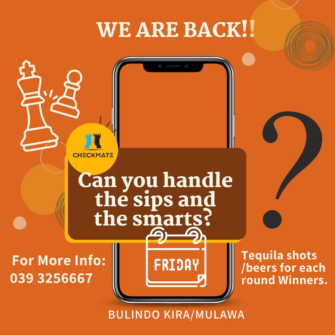 CheckmateS_L256's tweet photo. 🎉 Quizzers, gear up for the ultimate rounds! 🧠✨ Your favorite weekly Quiz Night is making a comeback this Friday at Checkmate Suites and Lounge. 🍹 It's a reboot like no other - let the games begin! 🎲👑#SipAndSmart #Checkma"#Lyca #RayG #NAMSummitUg2024 #Unclemo #UNEB # Namere https://t.co/aHrYnTURtO