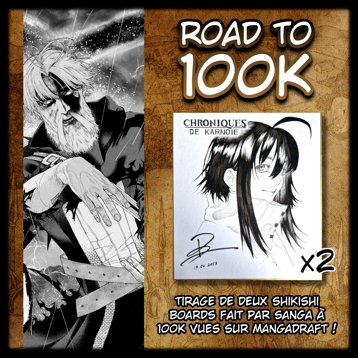On est à 97k vues sur <a href="/Mangadraft/">Mangadraft.com</a> ! 🤩😍

Vous ne l'avez pas encore lu ? 👀On vous donne une petite tape dans le dos pour vous donner le goût d'y aller 👋et/ou de partager l'œuvre à vos amis 

2 shikishi fait et signé par <a href="/ApprentiMadao/">Elon Musk</a> en giveaway dès qu'on arrive à 100k ! 🎉