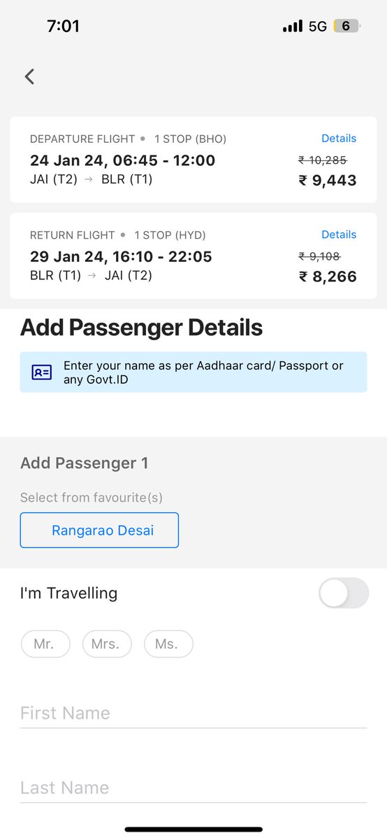Rangaraodesai's tweet photo. @IndiGo6E 

What’s happening?

It’s showing a different pice while selecting the dates and while paying it’s 3 times the price.
This is a sort of cheating customers.

What if I had booked it.

I need flight tickets with the price mentioned on the first screen!

@DGCAIndia https://t.co/CykVcQuUdd