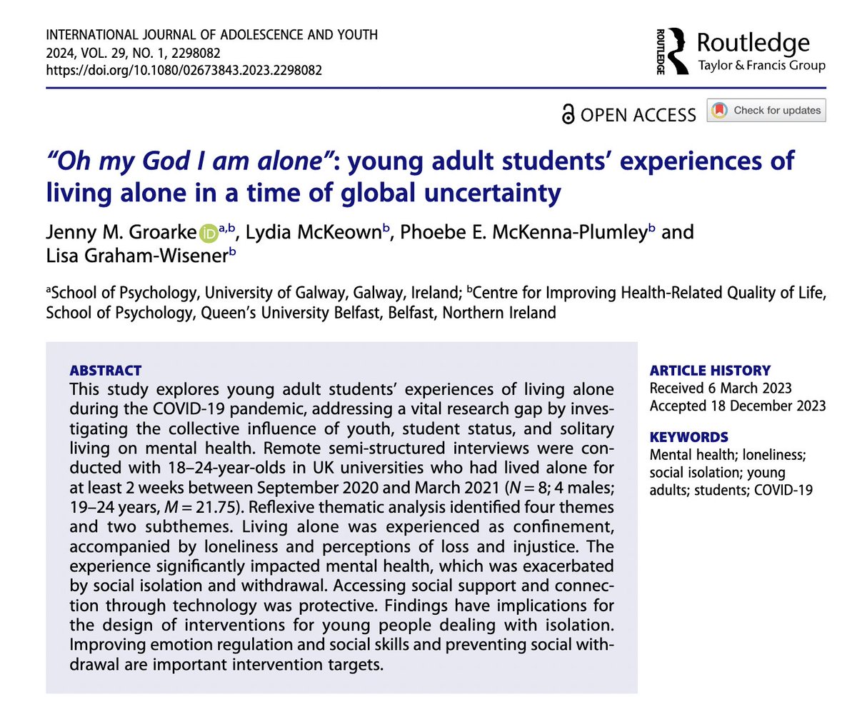 📑 New research alert! 🌍 Our study explores how young adults faced the challenges of living alone during the COVID-19 pandemic. 🏠 
Discover the impact on mental health and the role of technology in fostering connections. 
Read more: shorturl.at/emqs1

#youth #loneliness