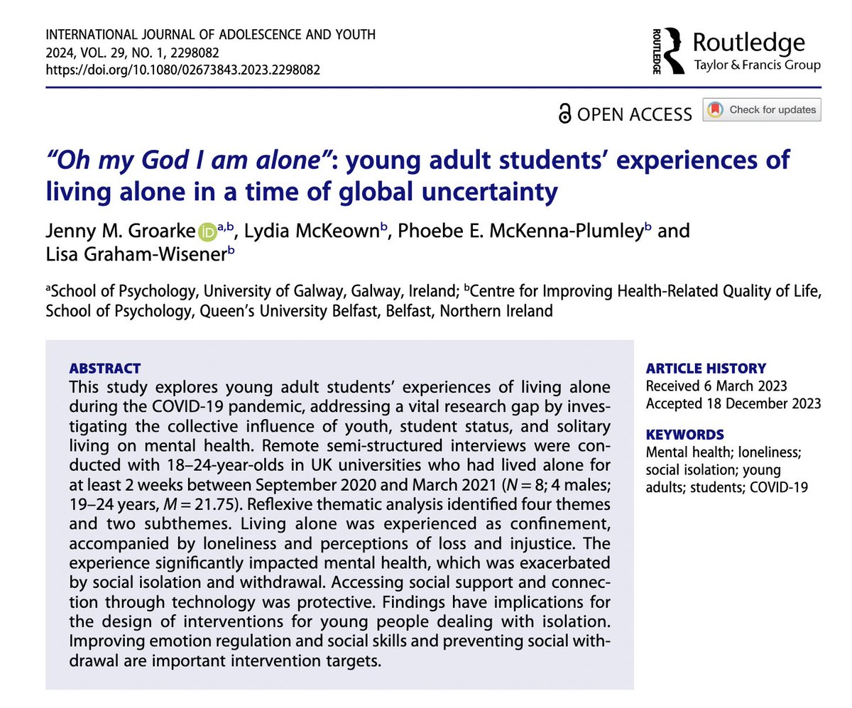 📑 New research alert! 🌍 Our study explores how young adults faced the challenges of living alone during the COVID-19 pandemic. 🏠 Discover the impact on mental health and the role of technology in fostering connections. Read more: shorturl.at/emqs1 #youth #loneliness