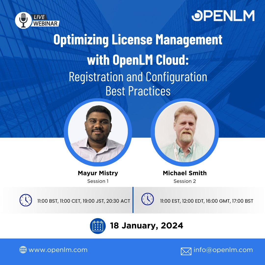 Join us for a live webinar on “Optimizing License Management with OpenLM Cloud” and grab the opportunity to enhance your licensing infrastructure and elevate your business operations. Date: 18 January, 2024 Click to join openlm.com/.../optimizing… #livewebinar #openlm #JoinUs