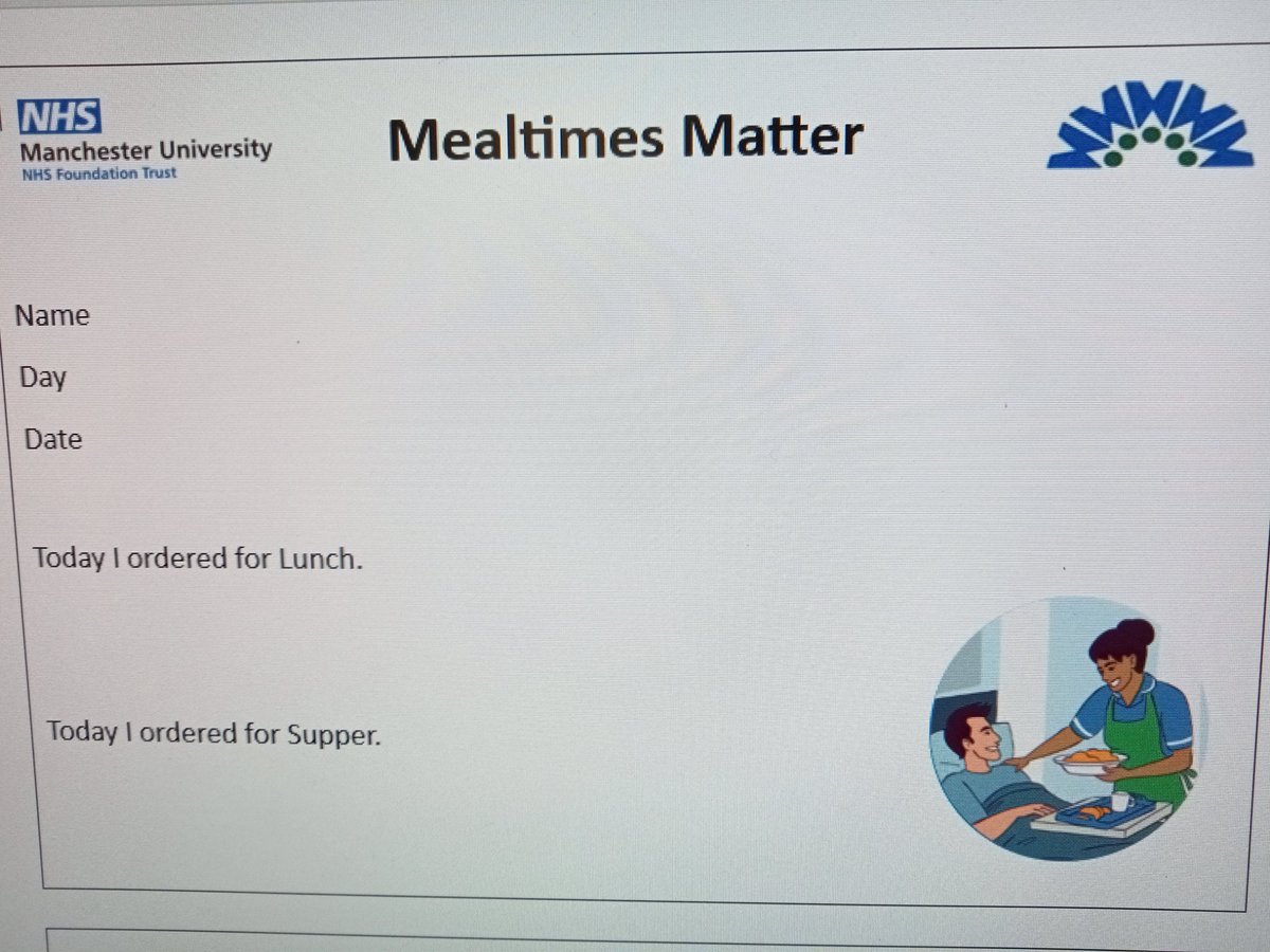 Focused piece of work across @MFTnhs @NorthMcrGH_NHS this week 'Food as Medicine' - our patients have told us they sometimes forget what they have ordered - from today at NMGH piloting ' today I ordered cards' - laminated cards - wipe clean - kept at bedside-#foodasmedicine