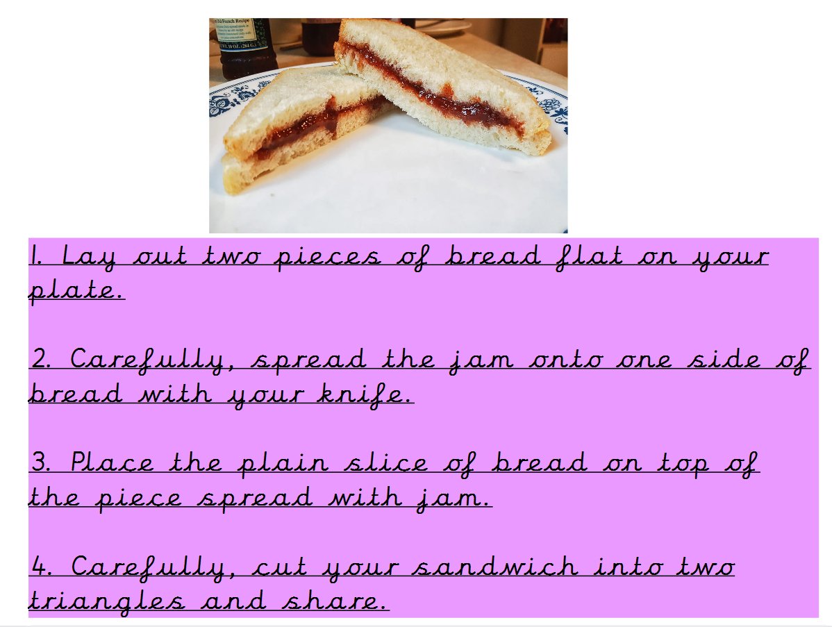 pimlicoprimary's tweet photo. In Year 1 PHSE, the current theme is 'tackling new challenges'. Last week our students created instructions and practiced the process needed to make a delicious jam sandwich. Being able to follow instructions and make basic food is a great life skill to develop! 🥪 https://t.co/wEcRUBHVSG