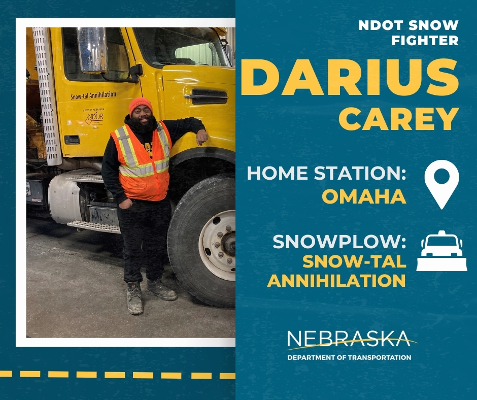 🚛❄️ Snow Fighter Spotlight: Darius Carey of Omaha! ❄️ Meet Darius, a 3-year snowplow expert. His winter wisdom? 'Drive slow and take your time on icy roads.' 🚗❄️ Darius Carey: not just a driver, but a dedicated Snow Fighter making Omaha winters safer! 🚛❄️