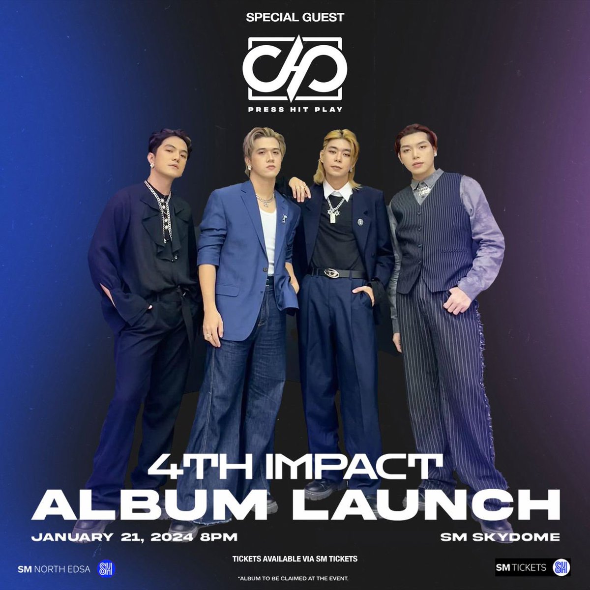 4SISTERSMUSIC's tweet photo. Get ready to be swept away by the irresistible charm and musical magic of  - Press Hit Play!

One of our special guests on Jan 21 for our Album Launch at SM Sky Dome 8PM. 🫶🏻

Get your tickets here 🔗https://t.co/X6zZ9n1xMM 🤗

#4thImpact_AlbumLaunch
#PressHitPlay #4thImpact https://t.co/9FjNVNCkHn