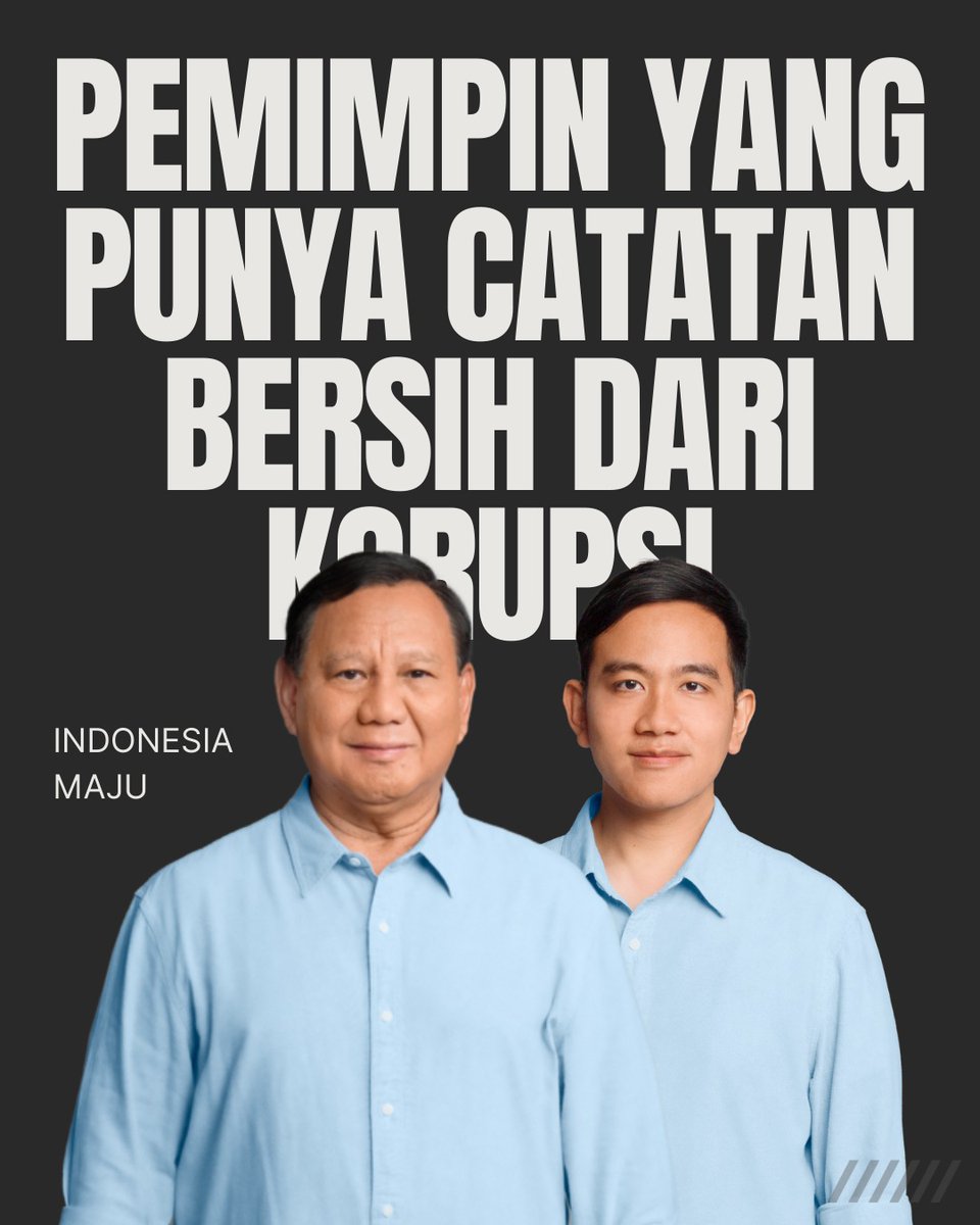 Sosok pemimpin dengan trackrecord bersih dari korupsi adalah Pak @prabowo dan Mas @gibran_tweet. Masyarakat percaya beliau berdua adalah pemimpin terbaik untuk masa depan Indonesia. ., #YukPindah02 #PrabowoLawanKorupsi #RameRamePindahke02