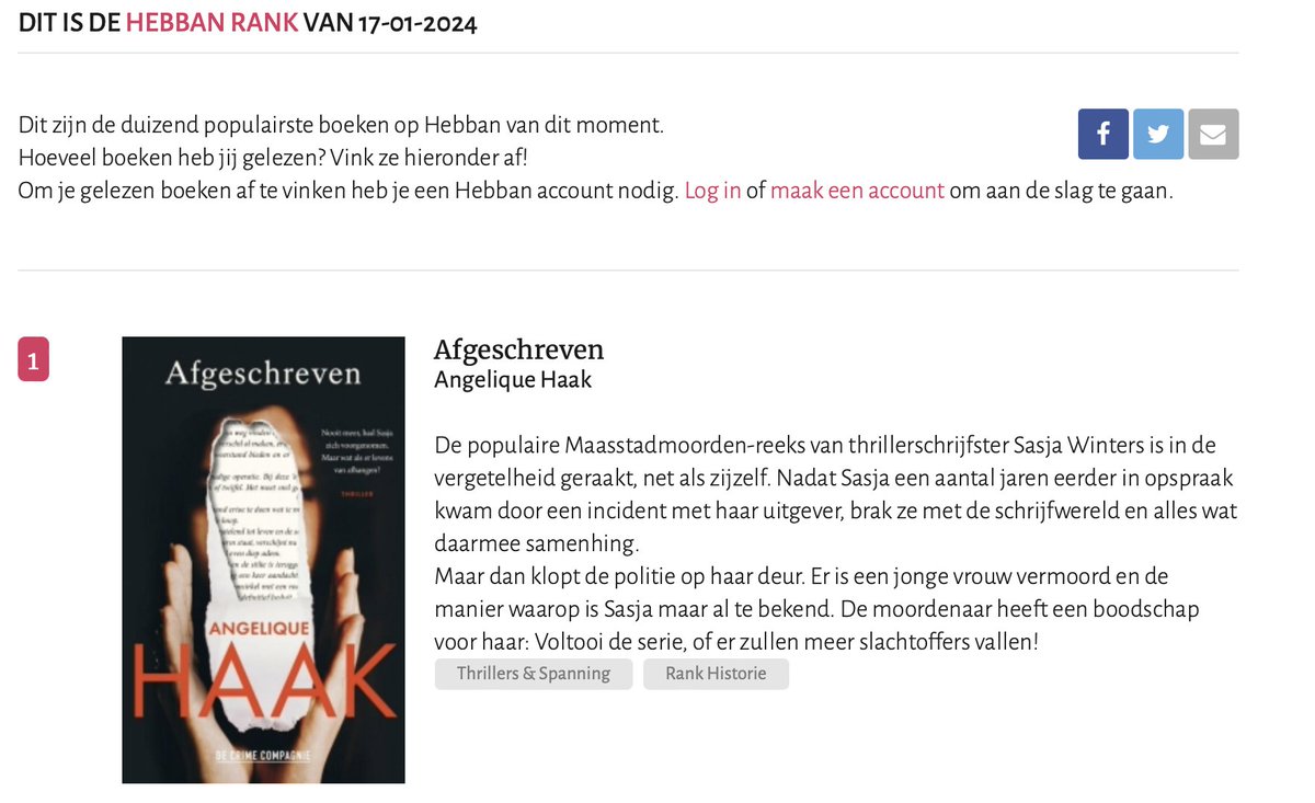 Kijk eens! 
Afgeschreven van Angelique Haak auteur op nummer 1!🥳🥳
Heb jij 'm al gelezen?
hebban.nl/rankhttps://ww…