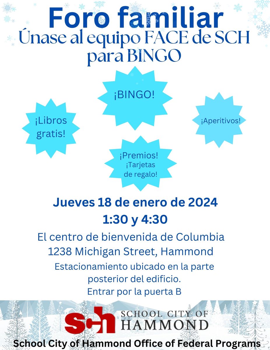 Please join us at our next Family Forum on Thursday, January 18th for BINGO! Our first session is 1:30-2:30 and our second session is 4:30-5:30. See flyers for details! Questions? Contact Becky Parkes at 219-933-2400, 1066. We hope to see you there!