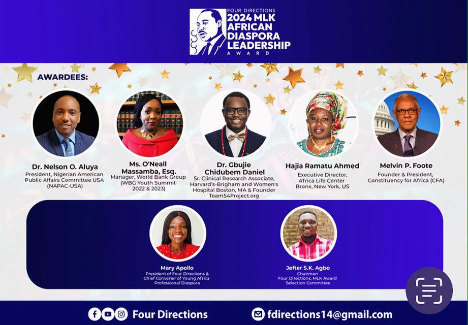 MalikNAbid's tweet photo. Though I was not born there but I take great pride in being nominated as Chairman & Special Guest of Honor to host 2024 MLK African Diaspora Leadership Award by #FourDirections, an African Diaspora Organization based in Washington DC.

The theme of this Conference is “Unity, Cooperation & Collaboration - BUILDING A BETTER WORLD FOR EVERYONE”. This theme is so close to my heart that I traveled to 104 countries in 2022 & 87 countries in 2023….promoting #Peace and #YouthEmpowerment & #WomenEmpowerment.

Let there be #Peace in the world & #StopGenocides & respect each other’s rights to live peacefully.

Proud to be an #African4TheDay.

@UN @UNGeneva @antonioguterres @UN_PGA @UNECOSOC @UNYouthAffairs @UN_Women @unwomenchief @AfricanArchives @CNNAfrica @_AfricanUnion @AfricanUnionUN @NGRPresident @PakinSenegal @AfricanUnionUS