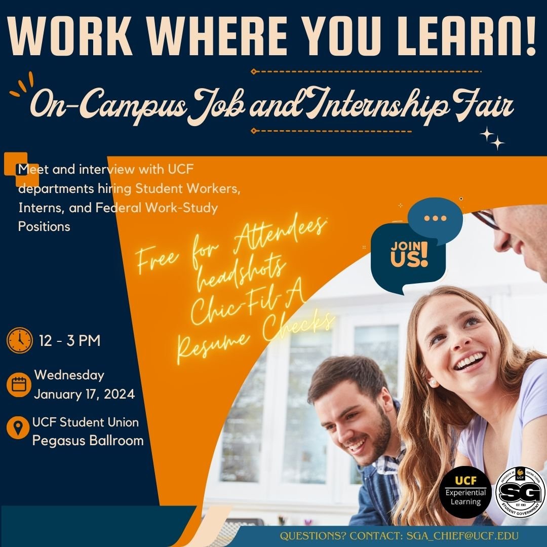 Looking for a job or internship on-campus?🤔
Stop by the Student Union today from 12-3pm to learn about open positions available at UCF!😝
Don't miss your chance to work where you learn!😎