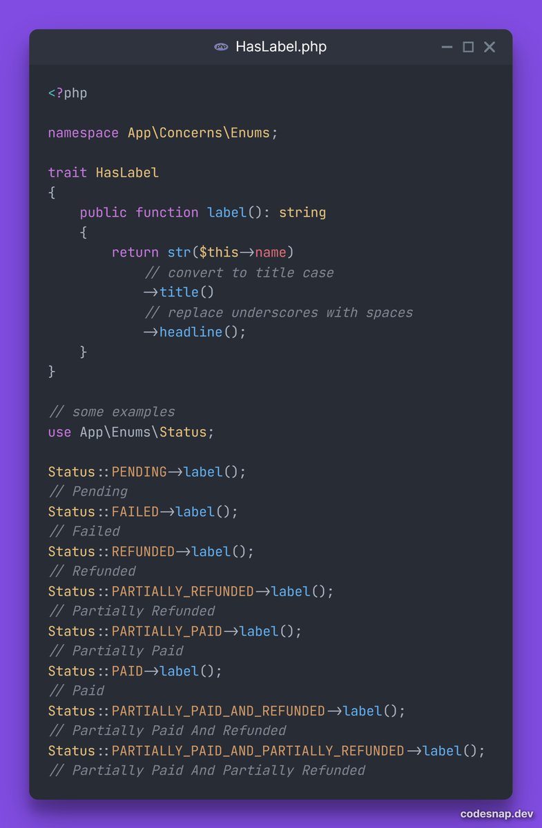 MrPunyapal's tweet image. 🚀 Laravel Tip: Enhance your enums with labels for better readability! 🌈
Use the HasLabel trait to automatically generate human-friendly labels from enum values. 
Improve your codebase with clear and expressive labels! 🎨💻 
code in next 👇
#Laravel #php