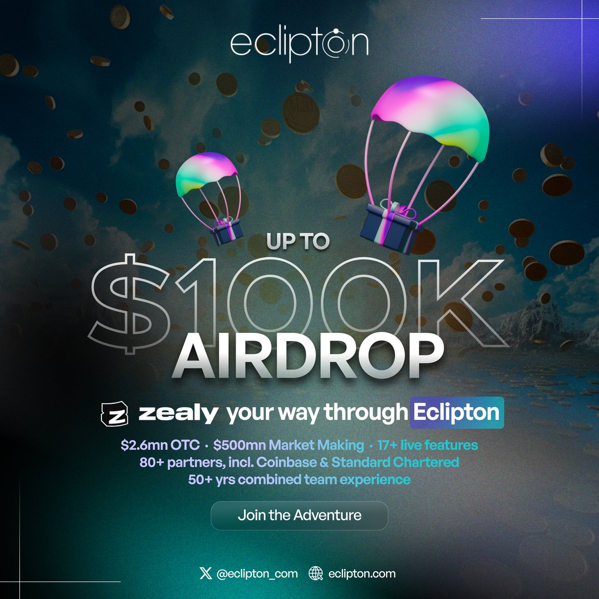 🚀Zealy your way through Eclipton; zealy.io/c/eclipton/que…

💰 Upto $100k airdrop!

💹 $500mn market making | $2.6mn OTC
✨ 17+ live features
🤝 80+ partners, incl. Standard Chartered &amp; Coinbase
🔒 50+ yrs combined team experience
🌐#DeFi #Eclipton #airdrop #Giveaway