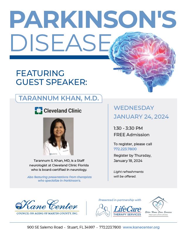 Join #ParkinsonsDisease expert, Tarannum Khan, MD for a free and informative health talk at the Kane Center (900 SE Salerno Road) in #Stuart. ➡️ Please call 772.223.7800 to register by tomorrow, Jan 18.