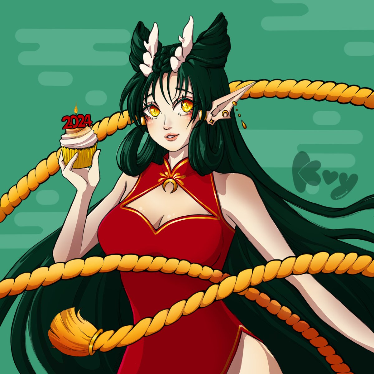 Koyuurei's tweet image. Happy New Year! My goal is to complete a piece of art every month this year so I can keep track of my journey. Here's January's piece! She's a dragon lady to celebrate 辰, Year of the Dragon! #NewYear2024 #NewYearsResolution #art