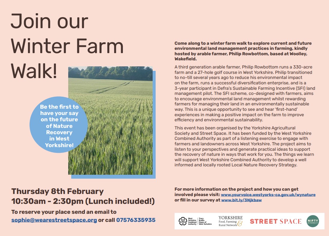 🐝👩‍🌾📢West Yorkshire Farmers and landowners: Join us in a farm walk & discussion to shape @WestYorkshireCA Local Nature Recovery Strategy and have your say! Date: Thurs 8th Feb, Woolley, Wakefield Booking email: sophie@wearestreetspace.org