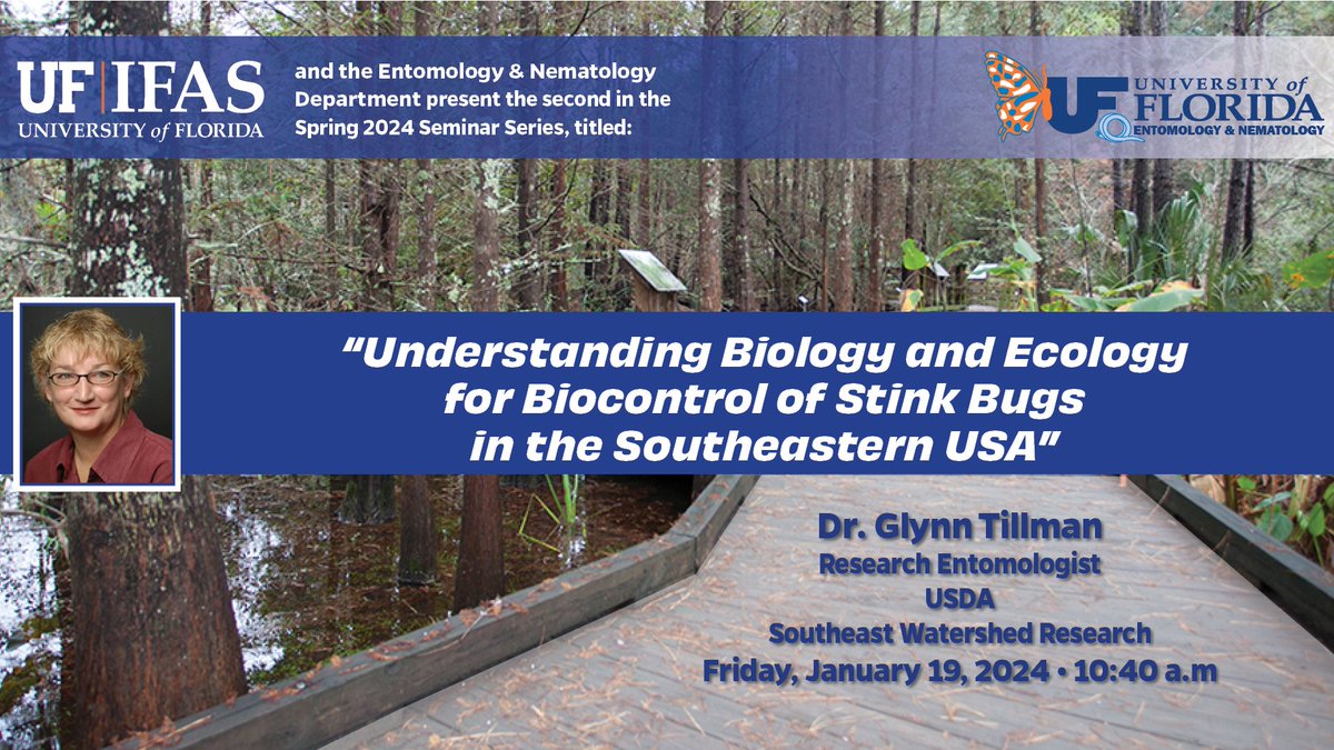 This Friday marks the second session of the Spring 2024 Seminar Series, hosted by the Entomology and Nematology Department. Join us as Dr. Gylnn Tillman, an entomology researcher from the USDA, provides valuable insights into mitigating Stink bugs in the southeastern USA. #UFBugs
