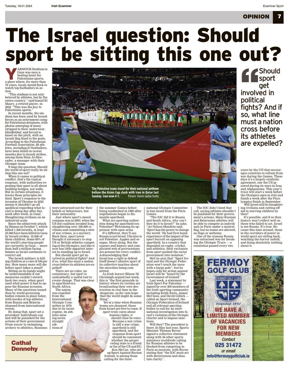 Cathal_Dennehy's tweet photo. What are sporting authorities doing for apartheid-era Palestine? Welcoming its oppressor with open arms.

Is it time for sport to stand up to Israel? https://t.co/bP3x95aTmP