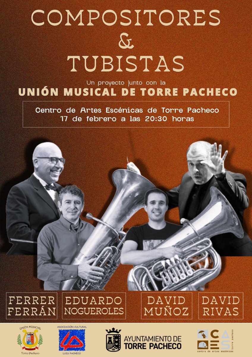 Nos hace especial ilusión poder presentaros este proyecto, sobre todo por los grandes artistas que participarán. Tendremos el placer de contar con dos grandes compositores, Ferrer Ferrán y David Rivas, acompañados de dos excelentes tubistas,  Eduardo Nogueroles y David Muñoz.