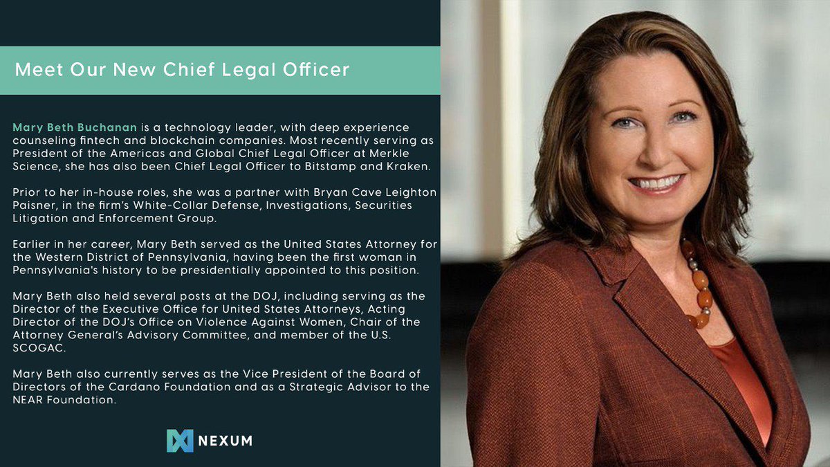 As we prepare to launch our Defi protocol, we are delighted to announce a significant addition to our legal and regulatory capabilities with the appointment of Mary Beth Buchanan as our Chief Legal Officer.