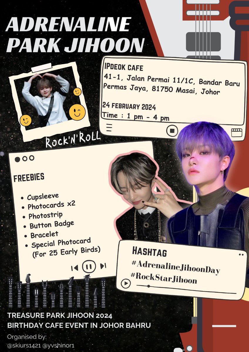 ₊˚⊹♡ 𝐀𝐝𝐫𝐞𝐧𝐚𝐥𝐢𝐧𝐞 𝐏𝐚𝐫𝐤𝐉𝐢𝐡𝐨𝐨𝐧
Treasure Jihoon Birthday Cupsleeve Event In Johor Bahru 
🗓️24Feb2024
📍Ipdeok Cafe 🇲🇾
⏰ 1pm-4pm
docs.google.com/forms/d/e/1FAI… 

#AdrenalineParkJihoon #RockStarJihoon