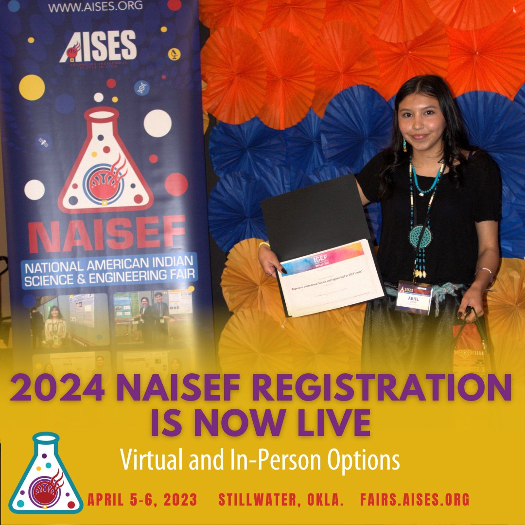AISES's tweet image. 🌐 Shape the future with science! 🚀 NAISEF 2024 registration is live – students, showcase your projects! 

Volunteers and judges are also needed and can register as well. 

The deadline to register is March 18th!

Apply in the link below:
ok-naisef0.zfairs.com