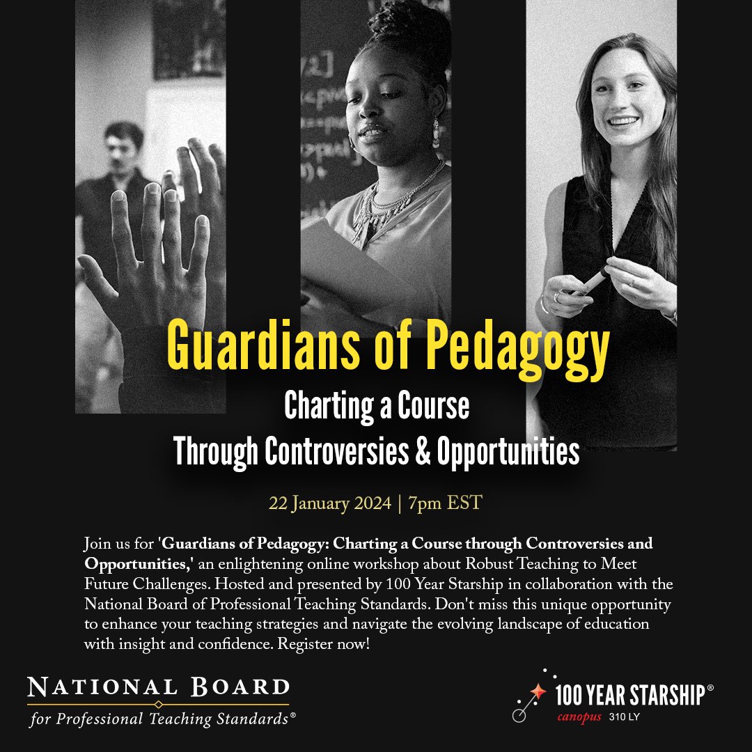 Take advantage of the upcoming webinar to kick off #TeamNBCT week! We are partnering with 100-Year Starship to have a robust discussion about the challenges faced in education and what we can do to combat them!  
hubs.ly/Q02gGrd90