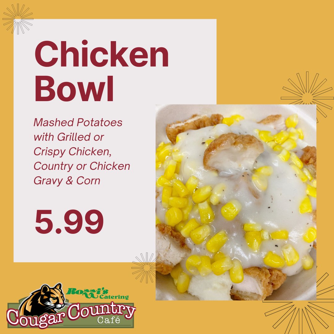 Grab a Chicken Bowl for lunch! Served from 11a.m.-2p.m. today!