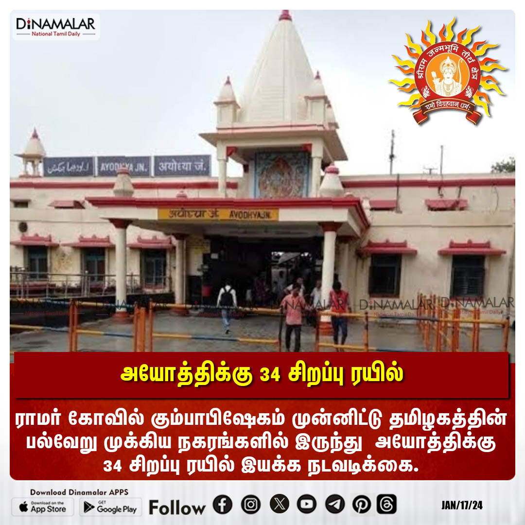 dinamalarweb's tweet photo. அயோத்திக்கு 34 சிறப்பு ரயில்
#SPLtrain #Ramtemple #Ayodhya
https://t.co/y4W3uzOopr https://t.co/d3o1K8Nynr