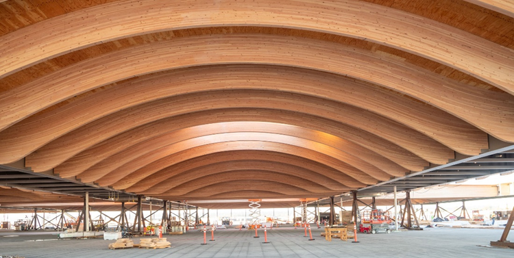 APAwood's tweet photo. After six years in the works, phase I of the spectacular PDX airport renovation featuring 300 magnificent 80-foot arched glulam beams and molded MPP from APA members will be complete this spring! Read how this project was brought to life > 
https://t.co/JA3BOgf3w9 

#PDXNext https://t.co/7j2wFLFdM8