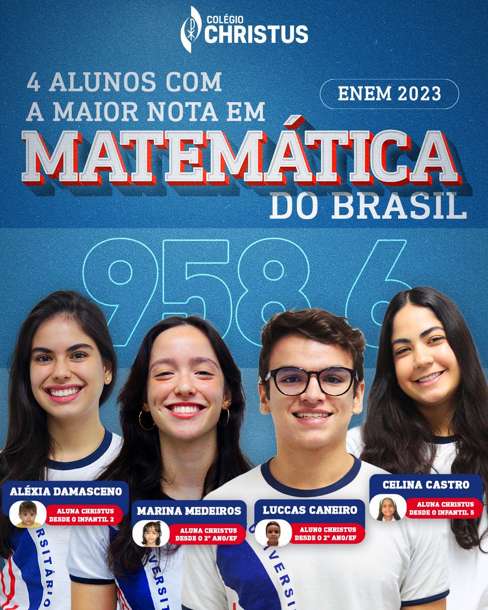 🌟 A MAIOR NOTA DE MATEMÁTICA DO BRASIL NO ENEM É DO CHRISTUS! 🌟

Celebramos a conquista excepcional dos nossos alunos Luccas Yasier, Celina Ribeiro, Aléxia Damasceno e Marina Bezerra, que alcançaram a pontuação máxima de 958,6 prova de Matemática Enem 2023.