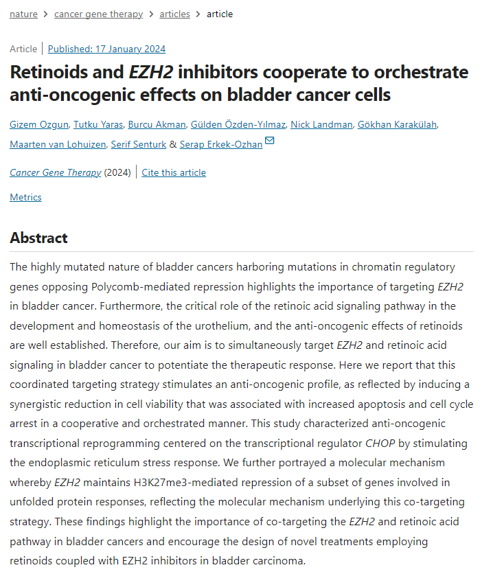Exciting news! Our new article has been published in <a href="/cgtnature/">Cancer Gene Therapy</a>  ! Congratulations to the entire team! #bladder #cancer #retinoids #treatment #ezh2  
👉nature.com/articles/s4141…