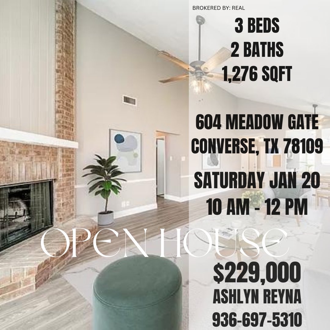 OPEN HOUSE! 🏡 🎈 

604 Meadow Gate, Converse, Texas 78109 📍 
Listed by: @candieclark23

Give me a call for all your real estate needs! 

Ashlyn Reyna 
936-697-5310
@realbrokerage
 
#sanantoniorealestateagent #sanantonio #realestate #texas #sanantonioliving #homeforsale