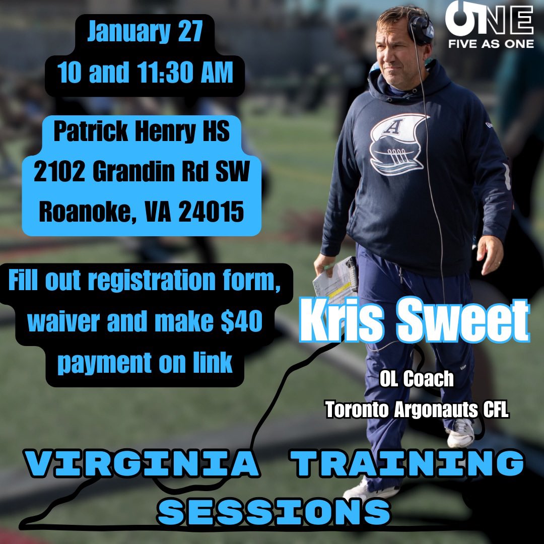 5asONE (@5asone) on Twitter photo Virginia stand up! Come work with <a href="/TorontoArgos/">Toronto Argonauts</a> OL Coach <a href="/kris_sweet1/">Kris Sweet</a> at Patrick Henry HS in Roanoke on January 27th. Register now to secure your spot: 5asone.com/sessions Virginia stand up! Come work with <a href="/TorontoArgos/">Toronto Argonauts</a> OL Coach <a href="/kris_sweet1/">Kris Sweet</a> at Patrick Henry HS in Roanoke on January 27th. Register now to secure your spot: 5asone.com/sessions