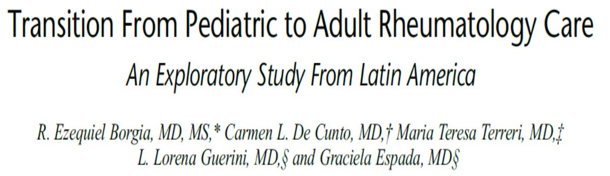 👉Transition From Pediatric to Adult Rheumatology Care: An Exploratory Study From Latin America 🔺3 pediatric rheumatology centers 🔺49 (69%) pediatric rheumatologists answered the survey 🔺Most of the centers do not have a transition program!! journals.lww.com/jclinrheum/abs…